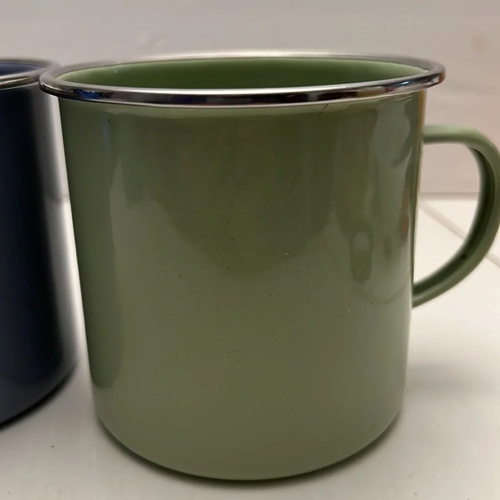 Pair of Pottery Barn Enamel Oversized Camper Mugs